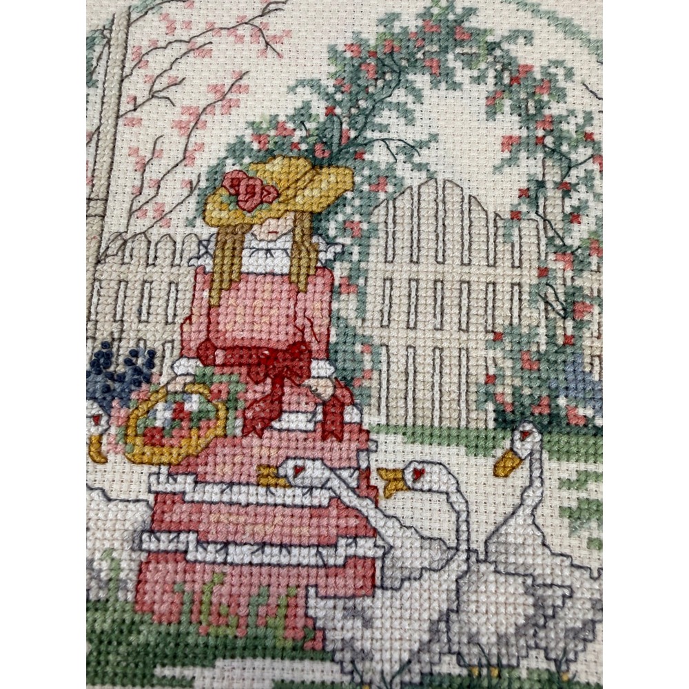 Vintage Finished Cross Stitch Girl with Geese Garden Scene Matted Wall Art - Picture 3 of 6